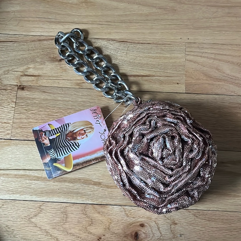 SOLD NWT Betsey Johnson rose shaped clutch/handbag pink sequins& silver hardware